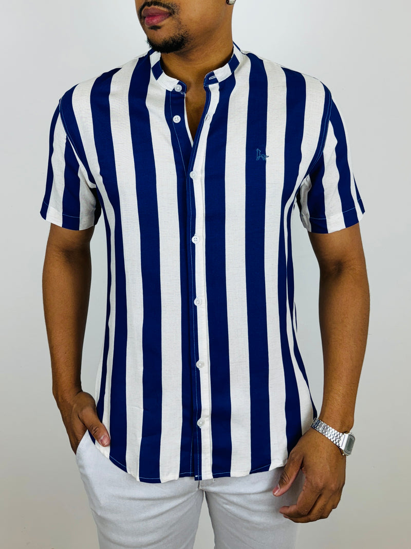 Camisa Viscolinho Gola Padre Listrada Azul e Branco - Per Pochi