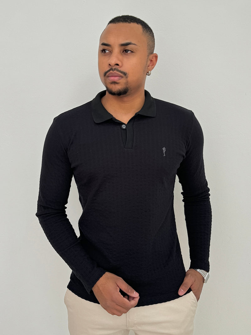 Camisa Polo Manga Longa Preta - Zip Off